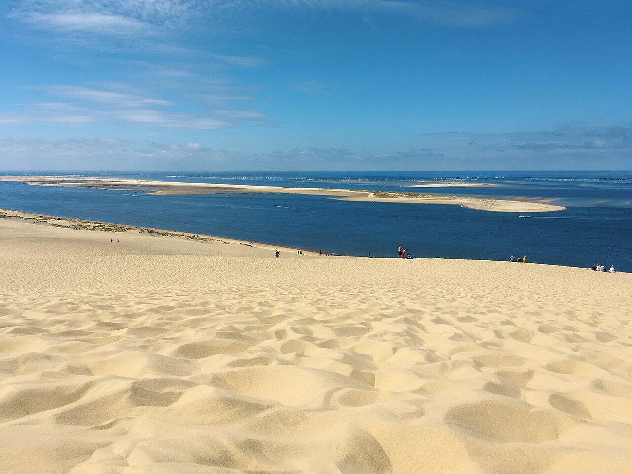 Le sable du sommet de la dune du Pilat face à l’océan, au large le banc d’Arguin et la passe sud du bassin d’Arcachon