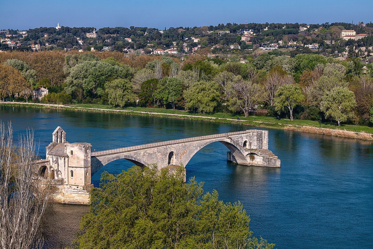 Le pont Saint-Bénézet et sa chapelle, arches de pierre interrompues au milieu du Rhône, vus d’en haut depuis le rocher des Doms, devant les berges boisées de la Barthelasse