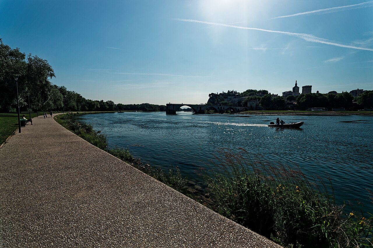Le chemin des berges de l’île de la Barthelasse le long du Rhône, avec au loin le pont Saint-Bénézet, le rocher des Doms et le palais des Papes à contre-jour
